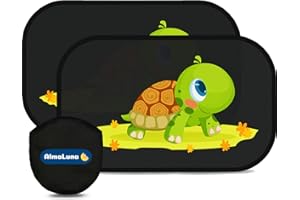 AlmaLuna | Tendine Parasole Auto Bambini - Protezione Solare 99% Dai Raggi UV - 2 Pezzi 51x31 cm 80g/m2 - Accessori Macchina Per Interno Tende Oscuranti - Design Neonati E Bimbi (Tartaruga)
