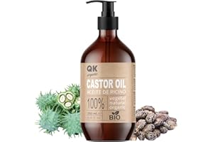 QKnatur- HUILE DE RICIN BIO 250 ml - pour Cheveux, Peau, Cils, Sourcils, Barbe et Ongles - 100% Pure - Pressée à Froid