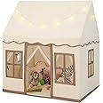 COSTWAY Kids Play Tent, Indoor Large Playhouse with Star Lights, Non-slip Mat and Windows, Castle Fairy Tents for Children Boys & Girls Gift (Beige+Coffee)