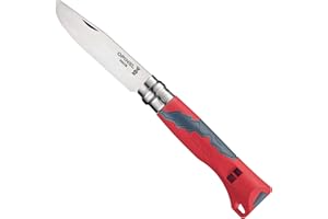 Opinel - N°07 Cuchillo Outdoor Junior Multifuncional - Hoja de Punta Redonda de 8 cm en Acero Inoxidable, Mango de Polímero y Fibra de Vidrio - Silbato de 110 dB, Alcance de 300 m - Rojo