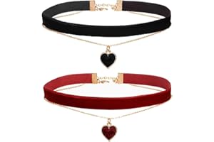 GIEEU Velvet Choker Necklace - 2 Pack Classic Velvet Heart Chokers Necklaces Set, Black & Red Gothic Chokers with Adjustable Chain, Heart Pendant Necklaces for Women