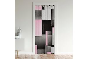 LOUSSIESD Cortina geométrica para puerta de privacidad de 86 x 203 cm, 1 panel de cuadros rosa, gris, negro, 30% a 50% de oscurecimiento de la habitación, cortina moderna abstracta para puerta de armario, cort