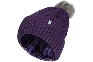 HEAT HOLDERS - Ladies Warm Knit Fleece Lined Cuffed Thermal Winter Bobble Hat with Pom Pom