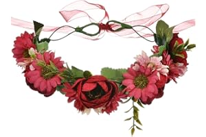 Flower Halo Floral Crown Wreath Flower Garland Headband Hair Wreath Hair Garland Floral Headpiece Boho with Ribbon Wedding Party Festival Red by Brikuinr