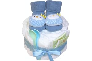 ‎WINDELKÖNIG Windeltorte Jungen in blau mit süßen Babysocken und zwei Babylöffeln | Geschenk zur Geburt oder Babyparty | Tiersocken | Windelkönig ihre Windeltorten Manufaktur |