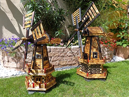 Holz & Garten Windmühle 130 cm, zweistöckig 2 Balkone aus Holz, garten windmühlen, behandelt / imprägniert, Seitenruder/Windfahne, komplett mit Solar, Solarbeleuchtung DOPPEL-SOLAR LICHT WMH130ng-MS 1,30 m groß in schwarz / dunkel feuer-geflammt (echt geflammt / gebrannt), NATUR-GEFLAMMT - 3