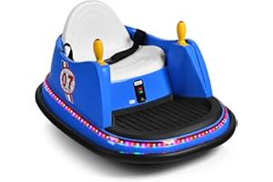 COSTWAY Kids Bumper Car, 360-Degree Rotation Spin Children’s Waltzer Cars with Joystick, Remote Control, Colorful Flashing Lights and Music, Battery Powered Ride on Toy for Boys Girls (Navy Blue)