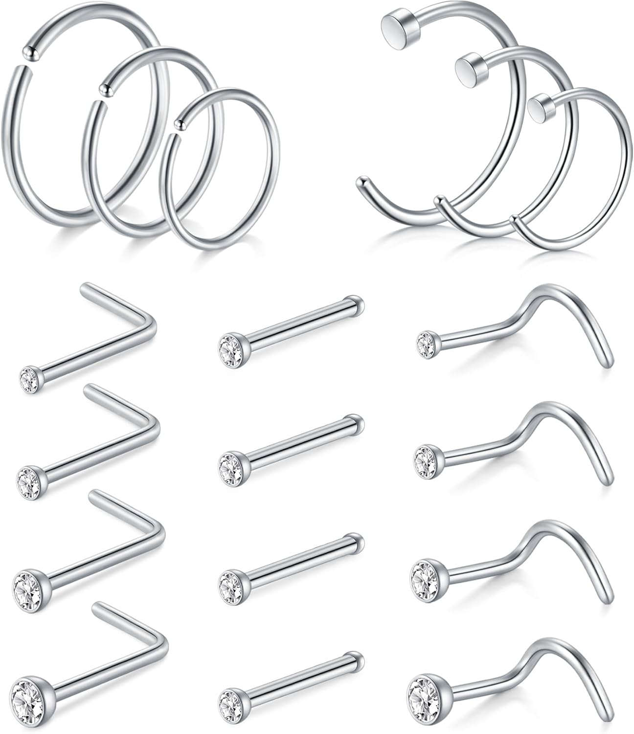 AVYRING Nose Rings Hypoallergenic Stainless Steel L-Shaped Nose Stud Screws with Cubic Zirconia Nose Piercing Jewellery 22G 20G 18G, Pack of 18 Pieces or 24 Pieces