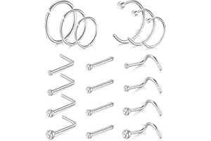 AVYRING Nose Rings Hypoallergenic Stainless Steel L-Shaped Nose Stud Screws with Cubic Zirconia Nose Piercing Jewellery 22G 20G 18G, Pack of 18 Pieces or 24 Pieces