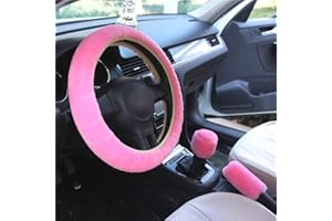 SILENCE SHOPPING Fluffy Steering Wheel Cover Set,3 Pcs 1 Set Winter Warm fuzzy Steering Wheel Cover Handbrake Cover Gear Shift Cover Universal Plush Non-Slip Interior Accessories for Car,Truck,SUV, 15" (Pink)
