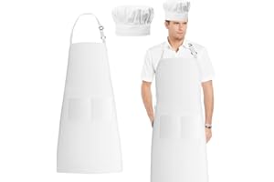Jremreo Chef Apron and Hat Set, Chef Hat and Kitchen Apron with Front Pockets for Adult