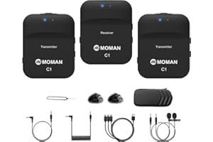 Moman Wireless Lavalier Microphone C1X, 2.4G Lapel Mic System for Camera DSLR, Camcorder Canon Sony Nikon 70m Transmission, Radio Microphones Compatible for iPhone/Andorid Mobile Phone, Laptop, Tablet