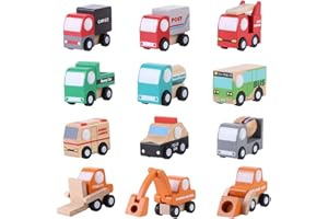 Zerodis 12 Pack Wooden Vehicle Set Baby Kid Cartoon Toy Car Early Learning Educational Traffic Toys Children Gift for Boys Kids Child Party Favors