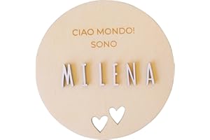 nagu® IT- Cuori. Targa di nascita in legno "Ciao Mondo", personalizzata con il nome del bambino e i suoi dati di nascita. Un regalo originale per i neonati e le madri alle prime armi