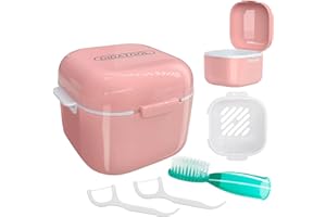 DIDATOOL Prothese Box, Prothesendose, Zahnprothesen Box mit Filter, Prothesen mit Fingerzahnbürste für die Aufbewahrung und zum Eintauchen Zahnersatz Reinigungsbäder (Rosa)