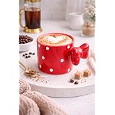 ARVALE Fiyonklu Kırmızı Puantiyeli Seramik Kahve Kupası - 3D Kulplu Tasarım Mug Bardak