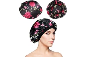 MEETTIKEY Gorro De Noche De SatéN, Gorro De Pelo De Seda, Gorro De Noche Suave Con Banda EláStica Para Mujer, gorro saten pelo rizado, Para El Cuidado Del Cabello, El SueñO, El Maquillaje (Flor Negro)