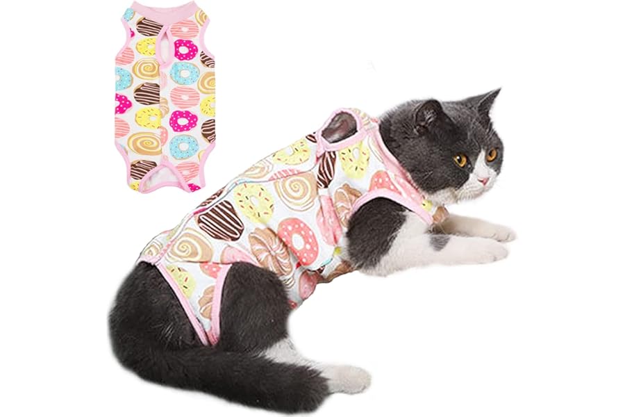 Cat Professional Surgery Recovery E-Collar Alternative, Cotton Breathable Sterilization Suit for Abdominal Wounds, Pajama for Kitten Anti-Biting Licking - Doughnut/M(5.5-7 lbs)