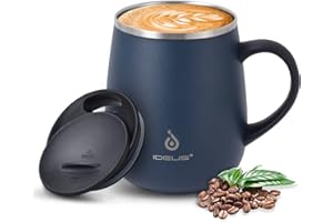 Ideus Coffee Mug 470ml (16oz), Double Wall Vacuum Insulated Stainless Steel Coffee & Tea Cup w/Non-Slip Handle & Slider Module Lid & Large Volume (Ocean Blue)
