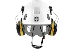GREEN DEVIL Schutzhelm Arbeitshelm mit klarem Visier und Gehörschutz Ohrenschützer Einstellbarer ABS Sicherheitshelm Belüfteter Bauhelm mit EN 397 Industriehelm (Smoke Visor Weiß)