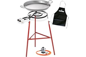 Bricolemar - Set paellera 400 mm + Kit (Paellera 46 cm + supporto rinforzato + regolatore di gas + tubo omologato + grembiule nero) (Set Paellera 400mm + Kit Bricolemar)