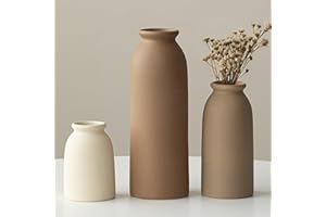 VIVIDFLOW Set of 3 Small Ceramic Vases for Home Decor & Table Centrepieces, Rustic Farmhouse Style, Mini Decorative Flower Vases (Earth Tone M)