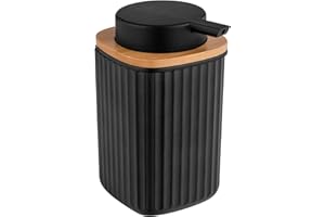 WENKO Dispensador de jabón Rotello, dosificador recargable con capacidad de 250 ml, en plástico de calidad óptima y detalles de bambú, apto para lavavajillas, 8,9 x 12,7 x 7,5 cm, negro/natural