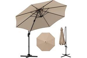 TANGZON 3M Cantilever Parasol, Heavy Duty Offset Umbrella with Cross Base, 8 Ribs, 5 Adjustable Tilt, 360° Rotation & Crank Handle, Outdoor Market Umbrella Sun Shade Canopy for Backyard Garden