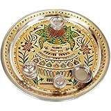 Balaji Arts Stainless Steel Handmade Golden Meenakari Puja Thali with 4 Tumblers for Home Décor