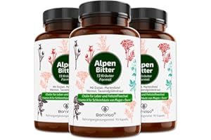 ‎BONVIGO BonVigo® AlpenBitter 270 Bitterstoffe Kapseln - Bitter-Kräuter u.a. Enzian, Wermut, Tausendgüldenkraut - Cholin unterstützt Leber, Fettstoffwechsel, Verdauung - Magenbitter Formel nach Kloster-Rezept
