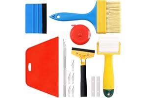 Swpeet Juego de 14 herramientas de alisado de papel pintado, raspador de goma, cuchillo de trinchar con cuchillas, cinta métrica, rodillo de costura y cepillo para pegar papel tapiz de coche, vinilo