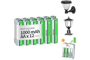 Granicell Rechargeable Batteries 12 PCS, 1.2V, 1000mAh AA Solar Batteries, Pre-Charged, High Capacity Double A Ni-MH Battery, Ideal for Solar Lights, String Lights and Household Equipment