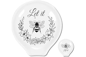 ANATTASOUL Ceramic Spoon Rest for Stove Top, Printed Bee and Hive Ceramic Spoon Holder for Kitchen Counter, Modern Farmhouse Decor Accessories for Spatula, Spoons or Tongs