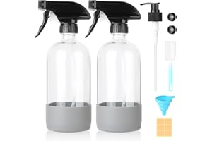 Furuising 2 Stück 480ml Sprühflasche Glas, Glassprühflaschen, Nachfüllbare Spray Bottle mit Justierbare Düse, Pumpe, Etikett, Kappe, Container, Trichter, Bürste für Putzmittel Ätherische Öle