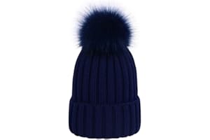 LAUSONS Women's Warm Ribbed Knit Winter Bobble Hat Faux Fur Pom Pom Beanie