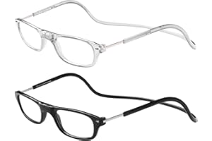 TBOC Pack: Gafas de Lectura Presbicia Vista Cansada – (Dos Unidades) Graduadas +2.00 Dioptrías Montura Transparente y Negra Hombre Mujer Imantadas Plegables Lentes Aumento Leer Ver Cerca Cuello Imán