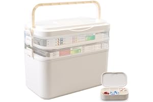 Gemsaya Medicine Storage Box, Large 3 Layer Medicine Storage Box Organiser with Lids, Portable First Aid Box with Handle, Household Medication Storages Boxes Medical Organiser for Home School, Beige