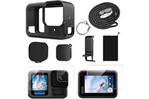 YHTSPORT Custodia in Silicone per GoPro Hero 13 Black, Pellicola Protettiva in Vetro Temperato + Copertura Laterale della Batteria + Copriobiettivo + Cordino, Hero 13 Accessorio