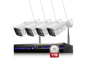 3MP Kit Camara de Seguridad WiFi Exterior con Spotlight, REIGY Sistema Vigilancia IP Interior 4X 1296P Camara y 8CH NVR, Visión Nocturna Colorida, Detección Movimiento Preinstalado 1HDD