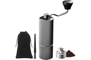 ELMWAY Precision Manual Coffee Grinder by ELMWAY – Stainless Steel Burr & Shaft, Dual Bearings, Aluminium Body & Handle with ABS Support Frame, Adjustable Grind & Portable Travel Pouch – Silver