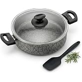 Papilla 24 cm Karnıyarık Tenceresi - İ&ccedil; ve Dış Karemel ve G&uuml;m&uuml;ş Renk Magma Desenli Cam Kapaklı Sığ Tencere (G&Uuml;M&Uuml;Ş)