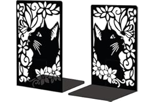 Peacoblue Metal Bookend Stopper Holder Stand for Shelves Decorative, 5.3"x4.3"x7.9" Modern Creative Heavy Duty Study Book End for Desk Shelf, 1 Pair (Cat and Butterfly,Flower)
