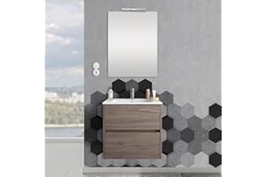 INBAGNO Mobile Bagno sospeso 70 cm, Serie Mavi 2 cassetti, arredo Bagno Completo di lavabo e Specchio (Rovere Corteccia)