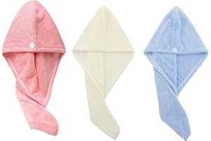 PUBIAO Haarturban Handtuch, 3 Stück Handtücher Mikrofaser mit Knopf Turban Haar Handtuch Superabsorbierender Schnell Haare Schnelltrocknend für Lange Haar, Alle Haartypen, Weiß+Blau+Rosa