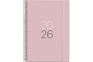 Miquelrius - Agenda 2026 día por página, Similar A5+ (155 x 213 mm), Tapa cartón plastificado, Espiral y cierre goma elástica, Planificación diaria, Papel 80 g/m², Español-EN-PT, Arena