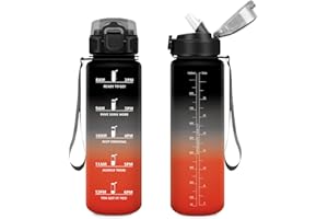 KOLLYKOLLA Gourde Sport 1L, Bouteille d'eau Motivante avec Marquages de Temps, Gourde avec Paille, Facile à Transporter, Étanche et Réutilisable, Bouteille pour Randonnée, Camping, Bureau, Extérieur, Yoga