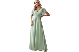 Ever-Pretty Robe pour Mariage Invité Longue Femme Col V Mousseline A Line Manches Courtes Plissé Chic EE0164A