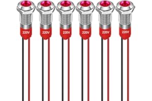 GUUZI Luz indicadora LED de 6 piezas de 8 mm 220-230 V Luz de señal impermeable Panel de metal Indicador LED Luz de señal montado en panel Cabeza plana con cables Carcasa plateada (Rojo)