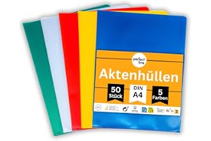 perfect line 50 plastmappar A4, 5 färger, plastfickor för A4 papper, A4 genomskinliga plastfickor, DIN-A4 genomskinliga mappar, transparent, kornad, dokumentsäker, made in EU