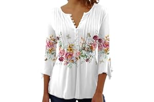 Yeenily Camiseta Mujer Manga 3/4 Top Túnica Larga Cuello V Elegante Suelta Sólidos Estampadas Casual T-Shirt con Botones